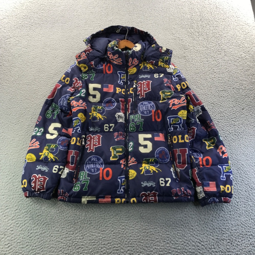 Polo Ralph Lauren Jacket Boys Large Blue Varsity AOP Print Down Puffer Hooded
